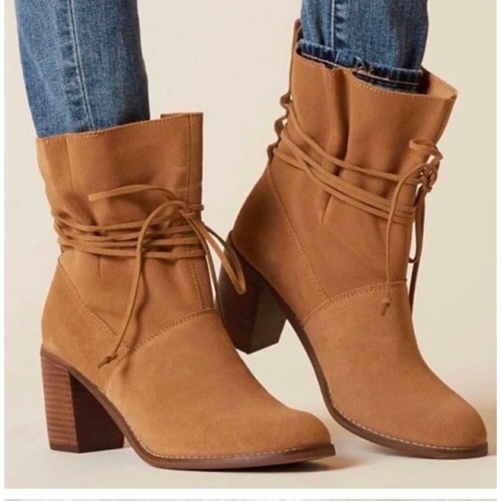 TOMS Mila Suede Wrap Booties Tan Block Heel Ankle Boots Women's 7
